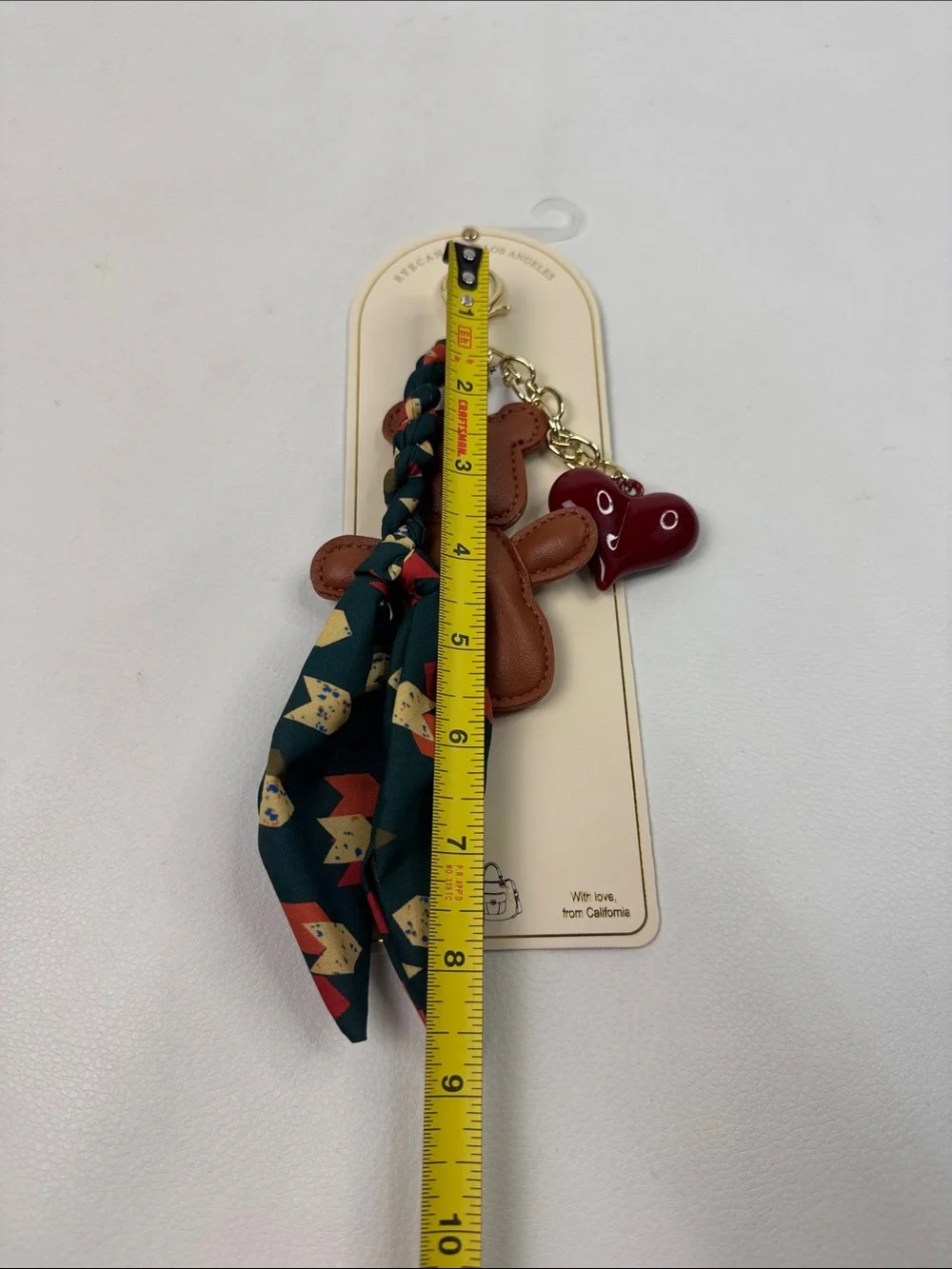 EYECANDY Brown Bear Keychain with Green Scarf Red Heart Charm Gold clip NEW NWT